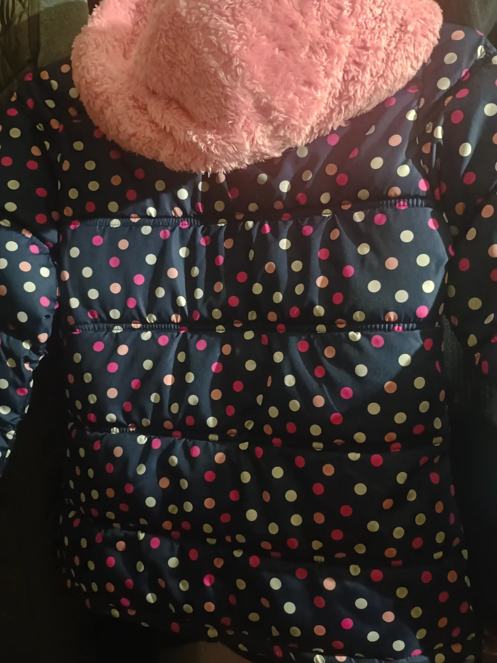 Faded Glory Navy Polka Dot Puffer Jacket with Pink Lining